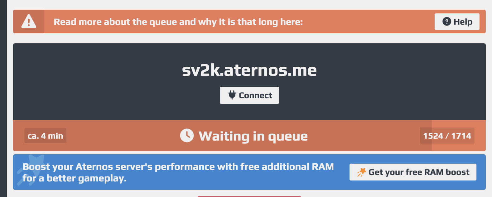 Aternos queue screen showing the wait to start a free Minecraft server