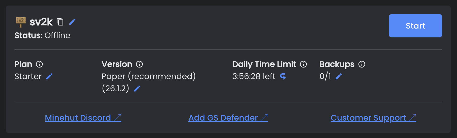 Minehut dashboard for managing a free Minecraft server