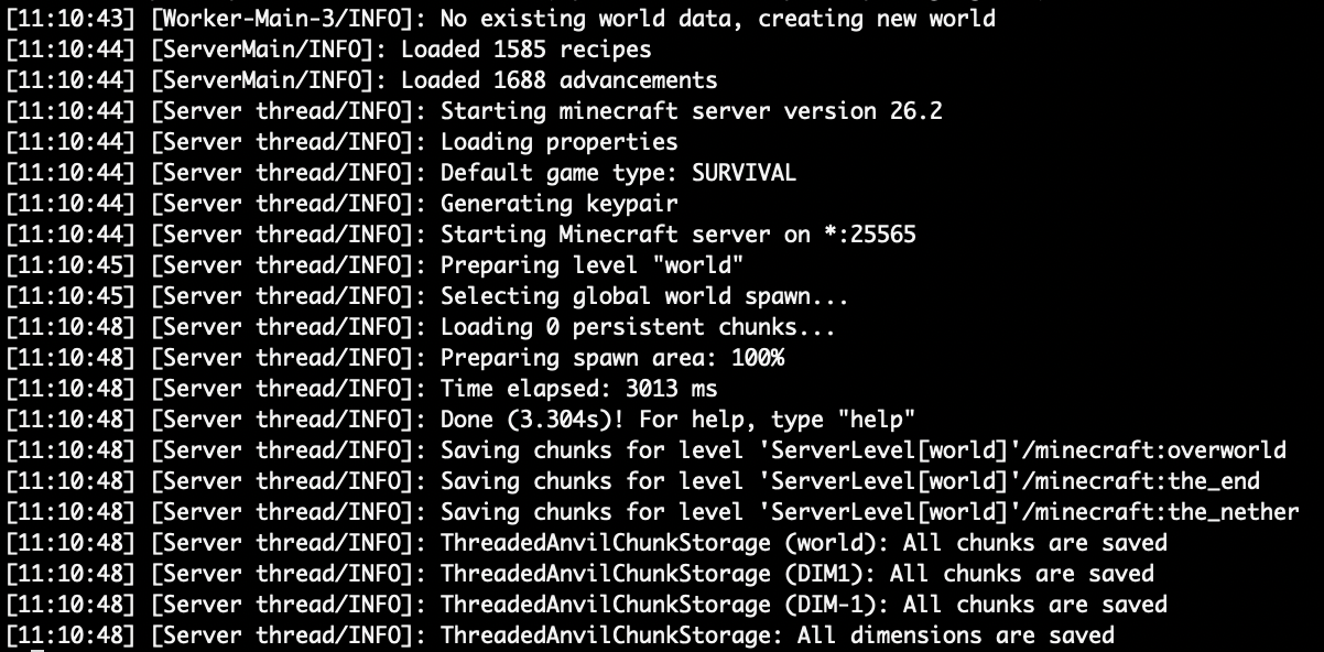 Minecraft server console showing the Done line after world generation