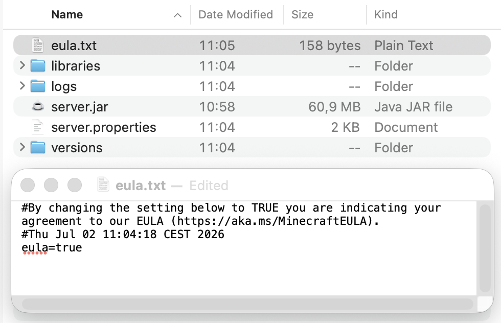 Minecraft server eula.txt file open in a text editor with eula=true