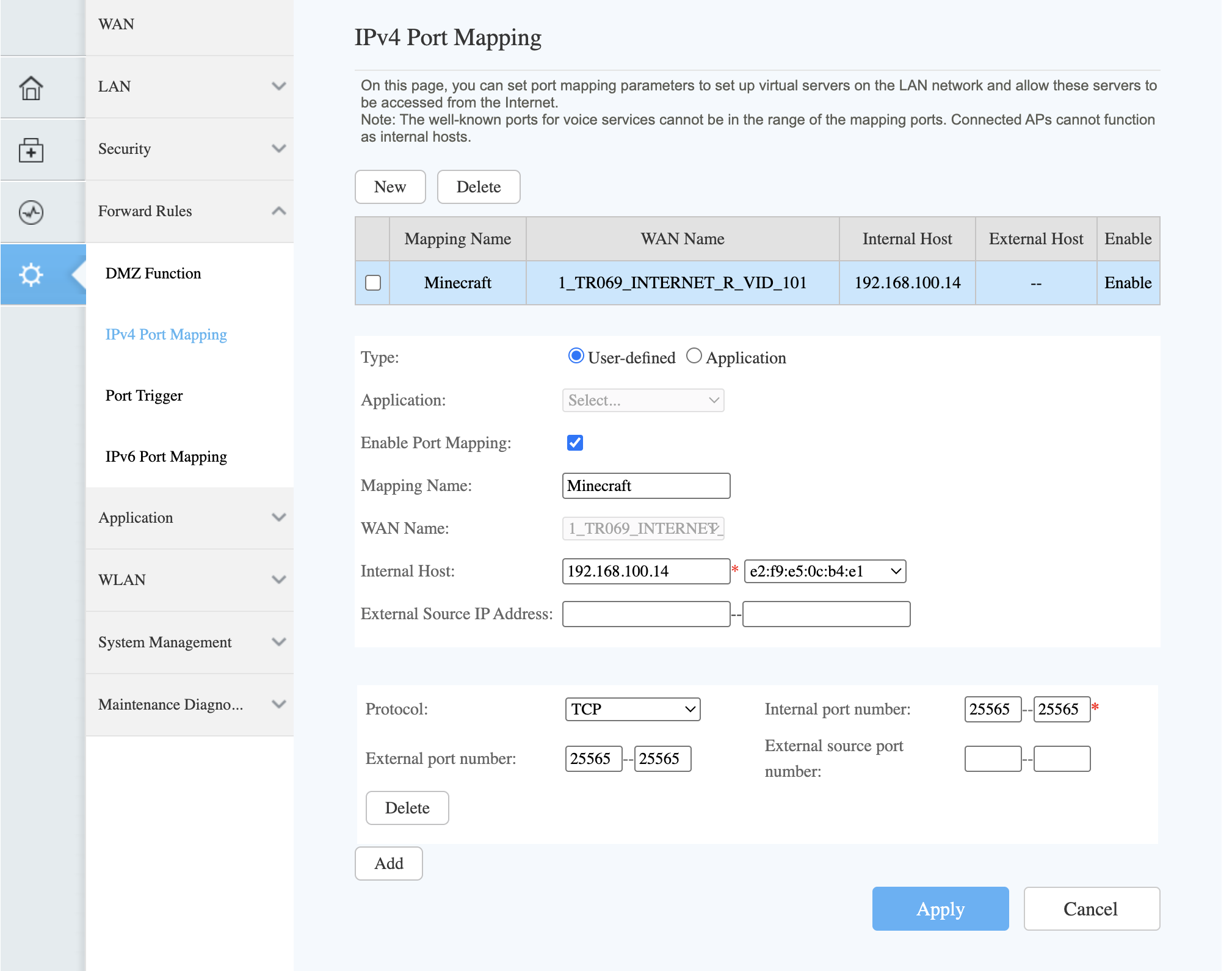 Router admin page showing a port forwarding rule for Minecraft port 25565