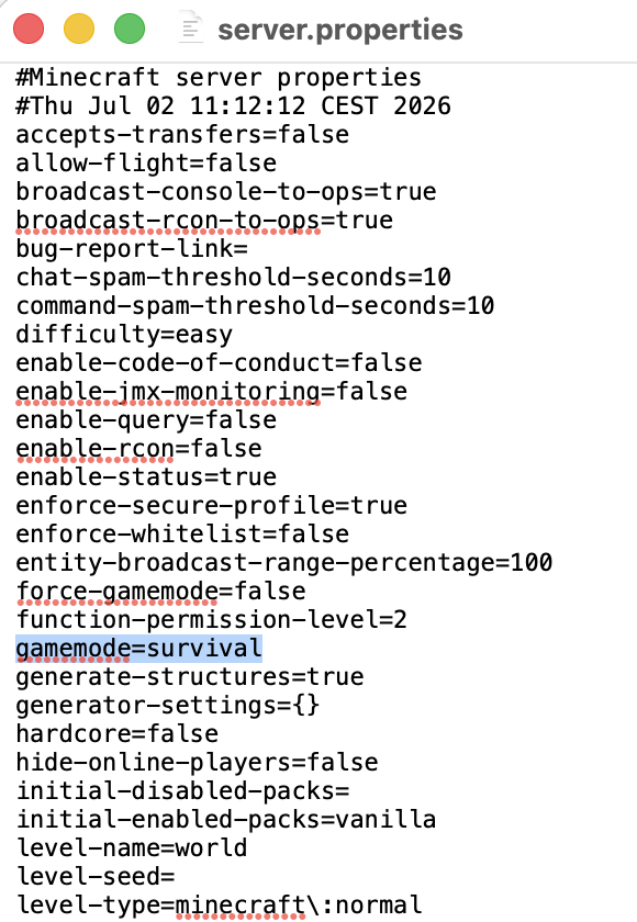 Minecraft server.properties file open in a text editor showing gamemode and difficulty settings