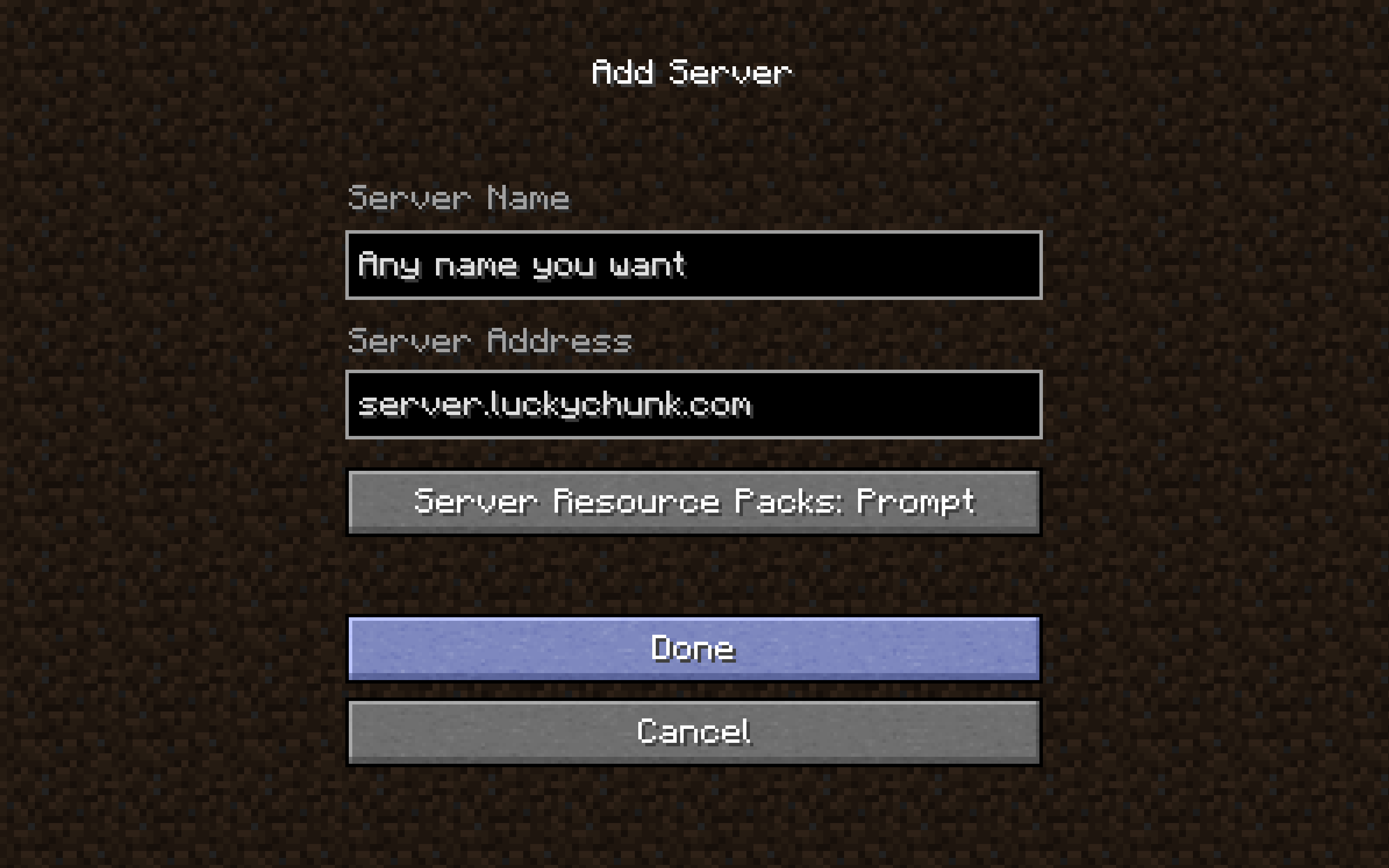 Minecraft Add Server screen with server name and address fields filled in