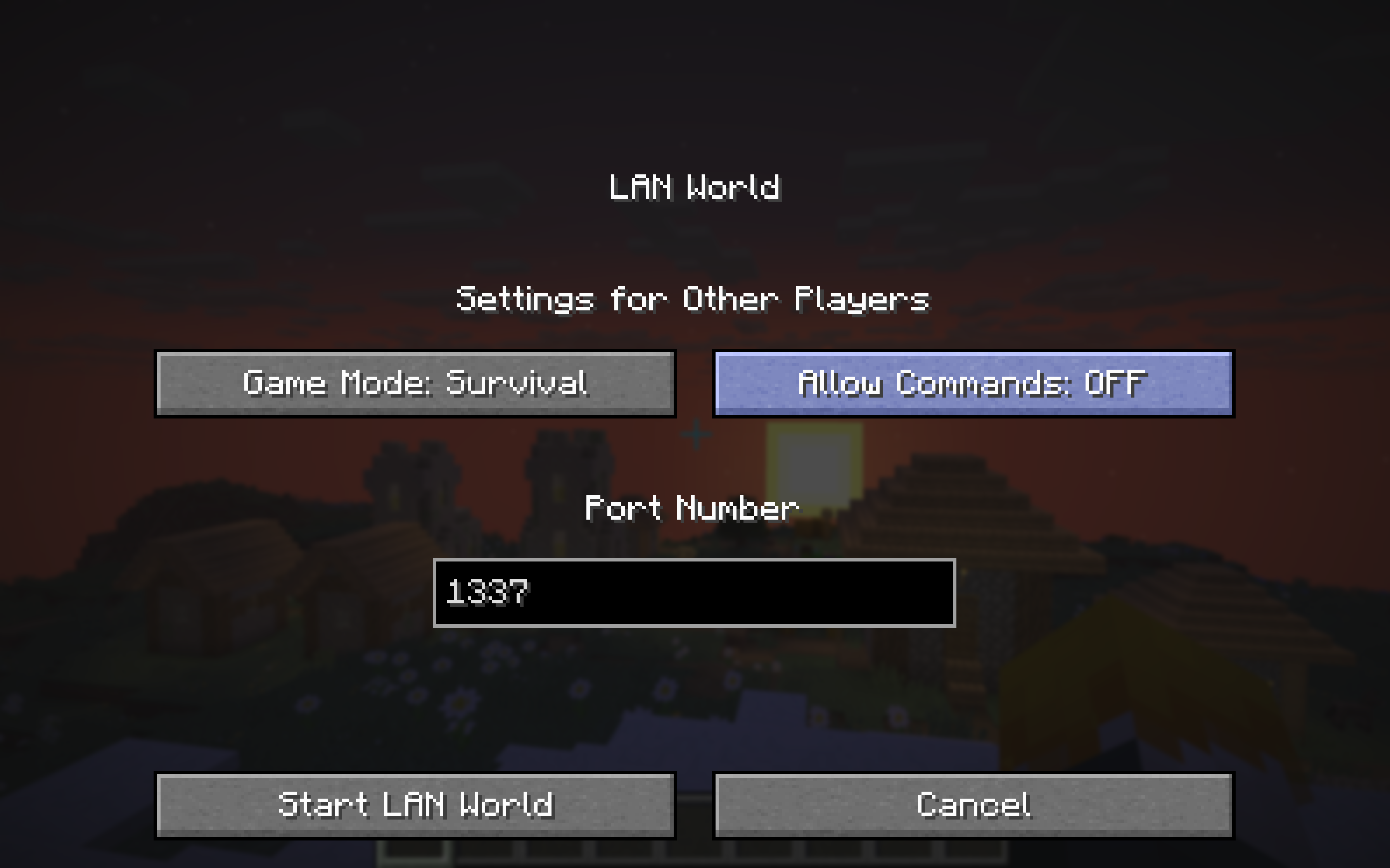 Open to LAN settings screen in Minecraft with Start LAN World button