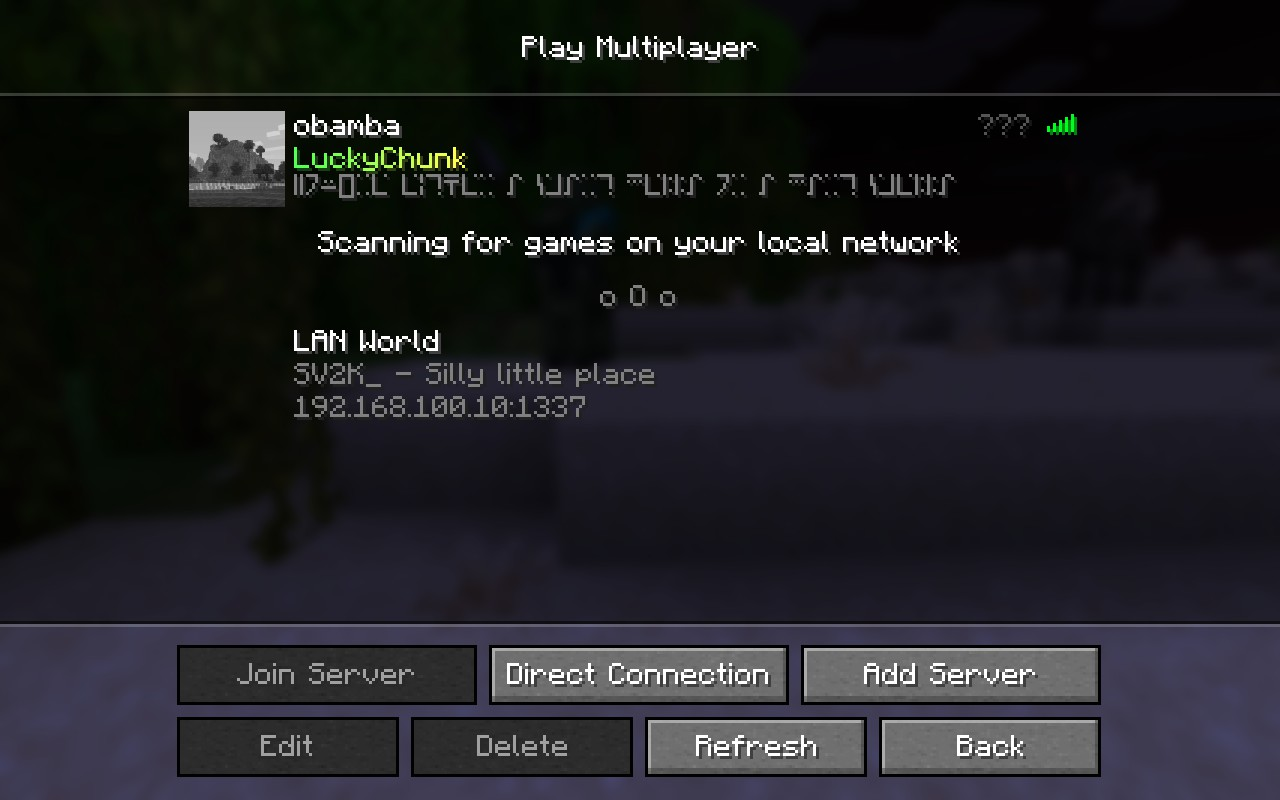Minecraft multiplayer screen showing a LAN world detected on the local network