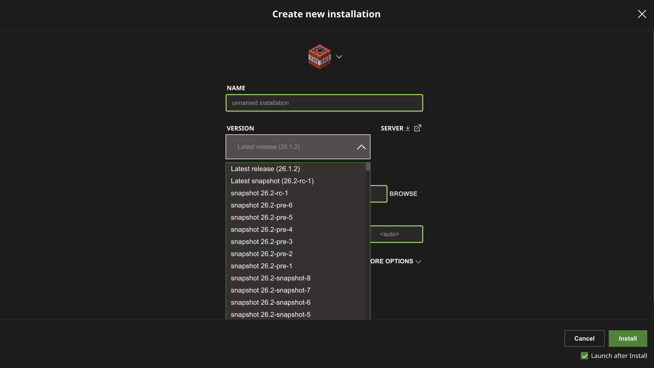 Minecraft Launcher new installation screen with the version dropdown open