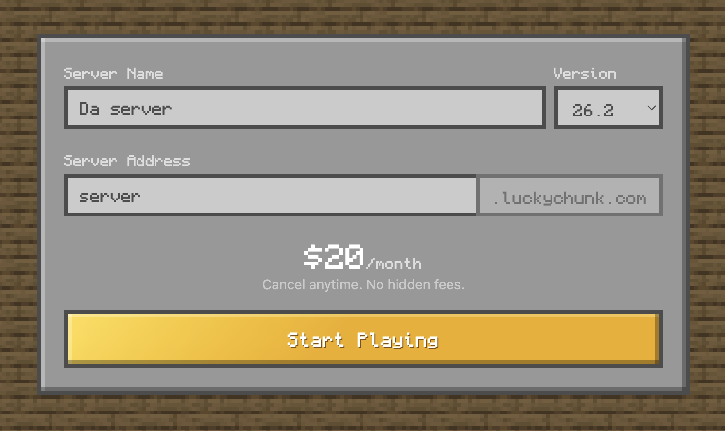 LuckyChunk create server page with server name, Minecraft version dropdown, and server address fields