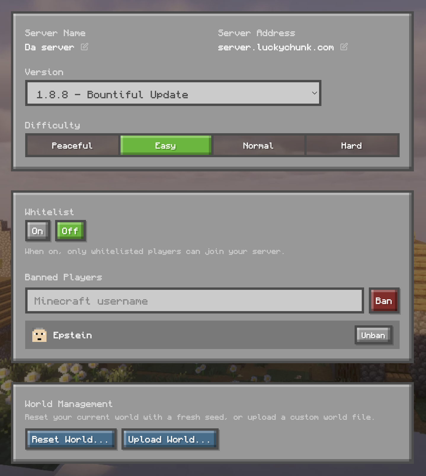 LuckyChunk server management panel with whitelist and version controls