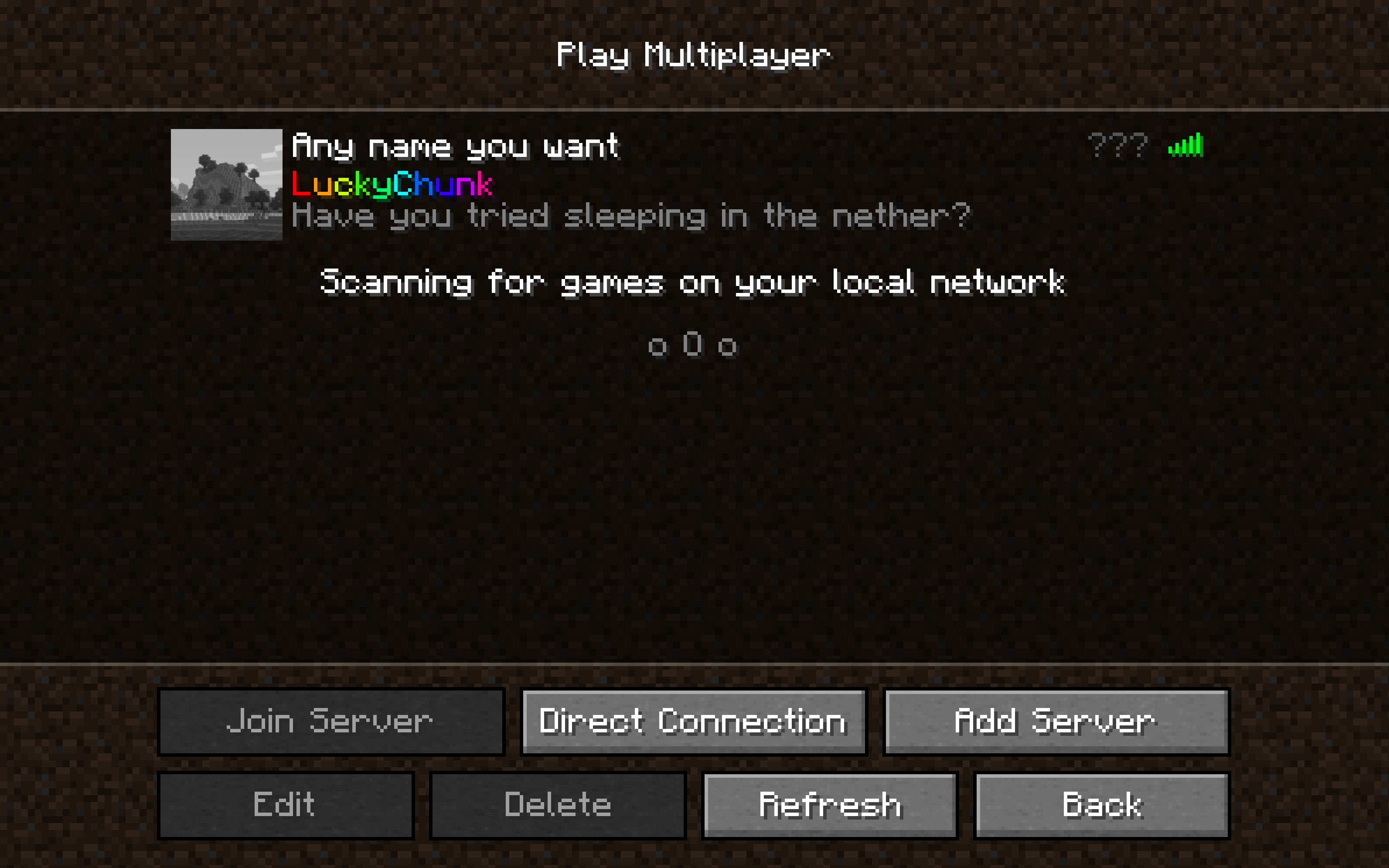 Minecraft multiplayer server list showing an online server with green ping bar