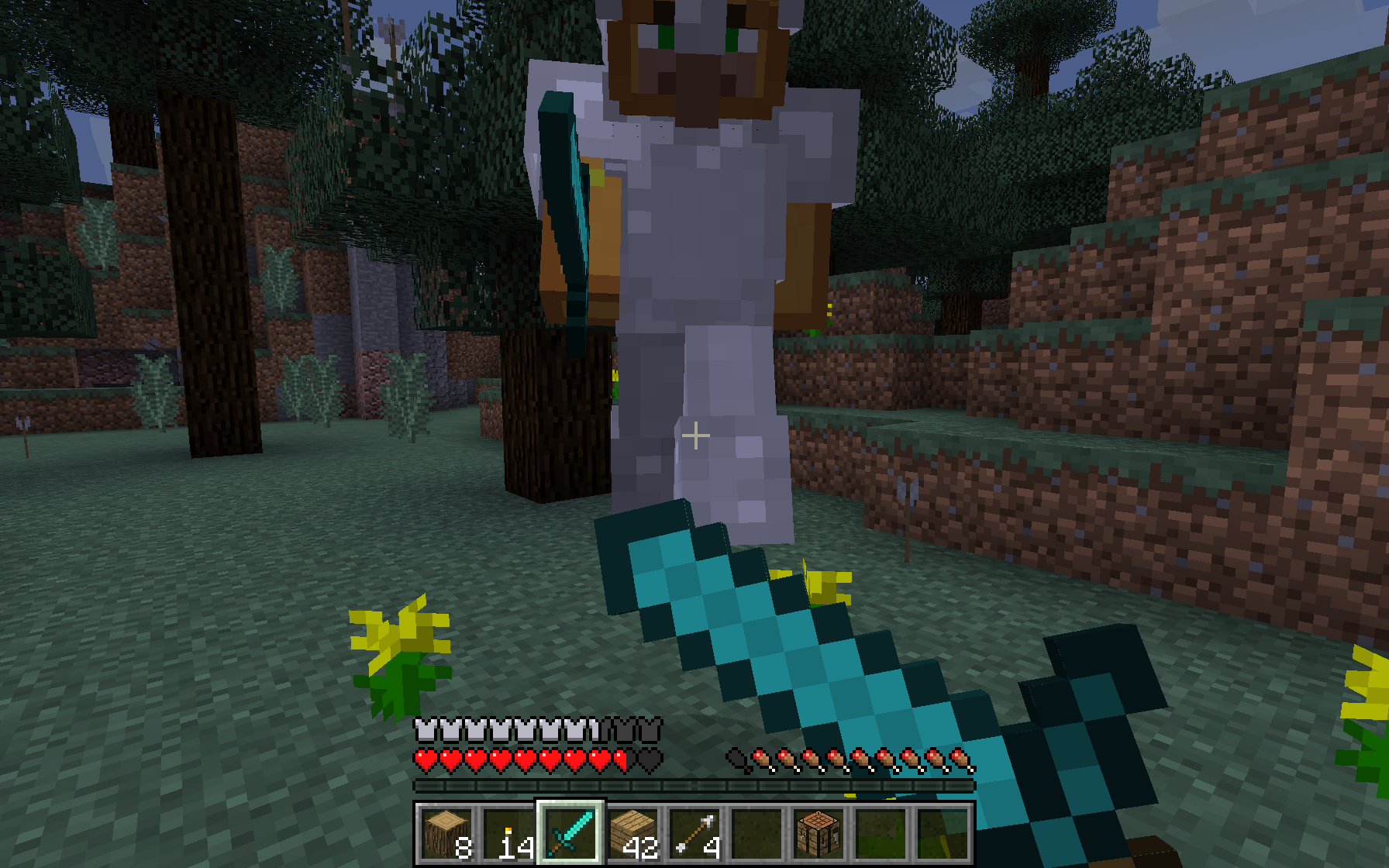 Minecraft 1.8 era gameplay with the old sword blocking and PvP combat