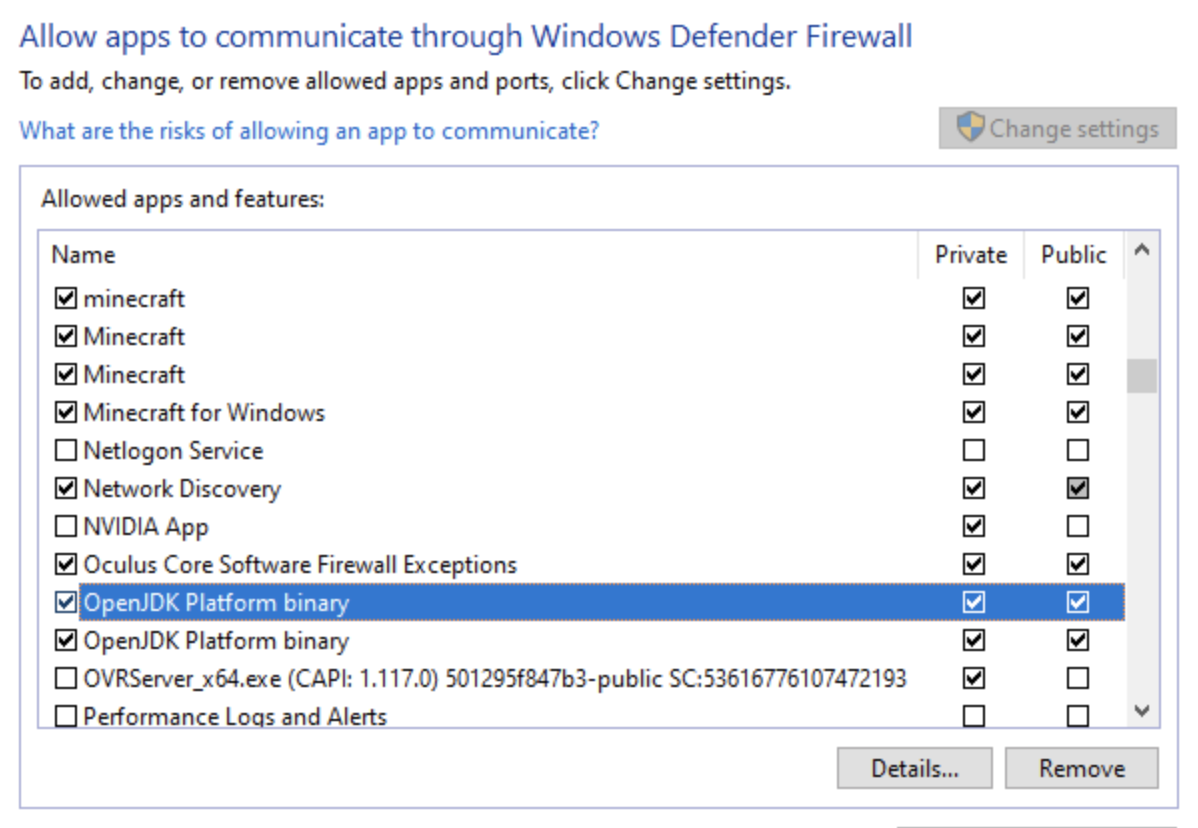 Windows firewall allow an app dialog with Java allowed on private networks for Minecraft LAN